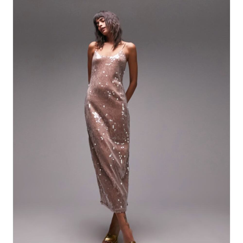 Topshop Dress Womens 6 Nude Sleeveless Sequin Cami Midi Slip